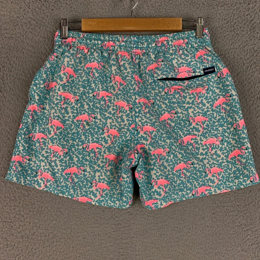Chubbies Flamin-Gos Swim Trunks Mens Small Teal Pink Leopard Flamingo 5.5 Inseam